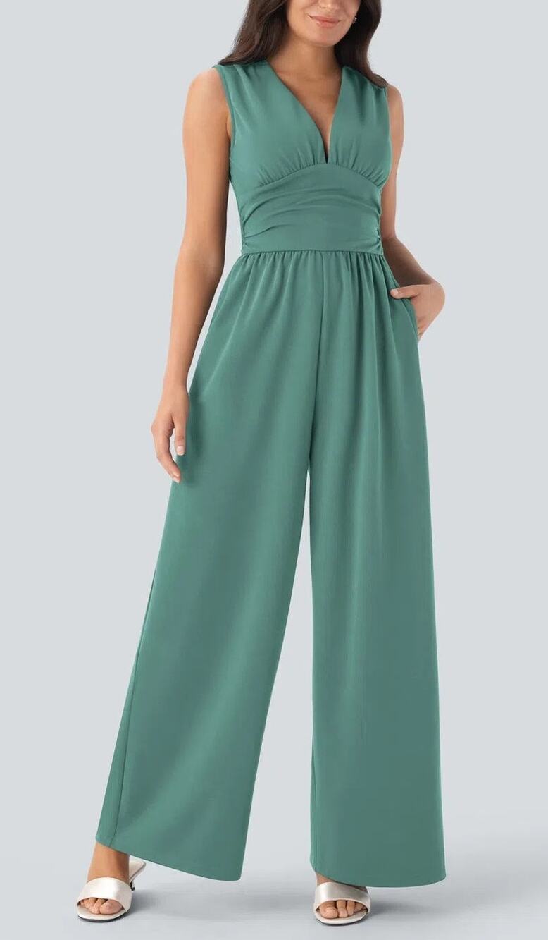 Halara Womens V-Neck Wide Leg Jumpsuit Size XL Teal Fall Event Party Vacation
